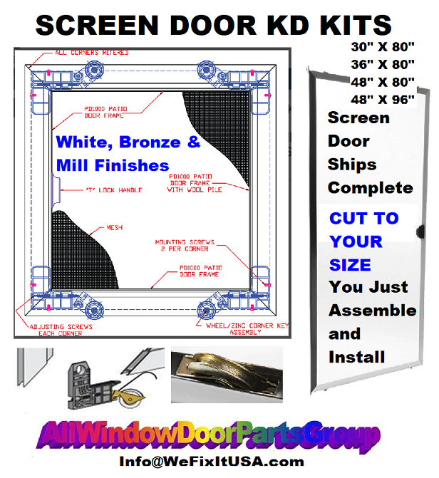 KD Screen Door Kits Sliding 36" Wide White Bronze Mill Finish All